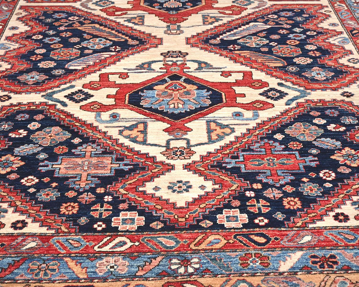 Alfombra afgana Aryana de lana teñida con tinte vegetal, anudada a mano, color beige y azul, de 6 x 9 pulgadas