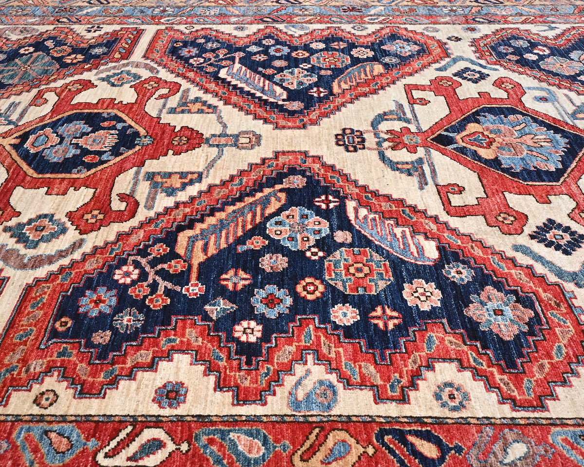 Alfombra afgana Aryana de lana teñida con tinte vegetal, anudada a mano, color beige y azul, de 6 x 9 pulgadas