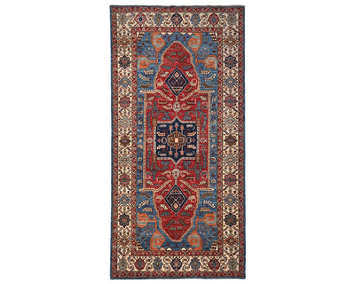 Alfombra afgana Aryana de lana teñida con tinte vegetal, anudada a mano, de 6 x 12 pulgadas, color azul y rojo