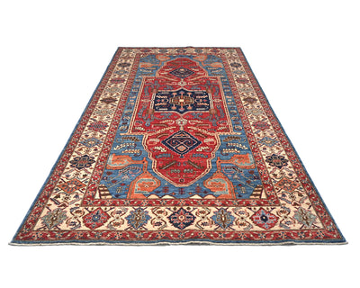 Alfombra afgana Aryana de lana teñida con tinte vegetal, anudada a mano, de 6 x 12 pulgadas, color azul y rojo