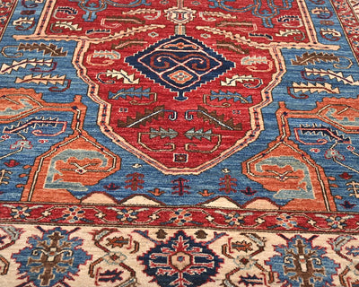 Alfombra afgana Aryana de lana teñida con tinte vegetal, anudada a mano, de 6 x 12 pulgadas, color azul y rojo