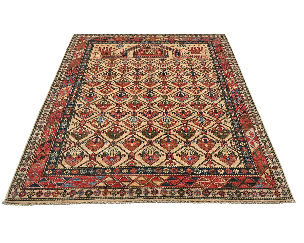 Alfombra afgana Ersari de lana teñida con vegetales, anudada a mano, color marrón claro, de 5 x 7