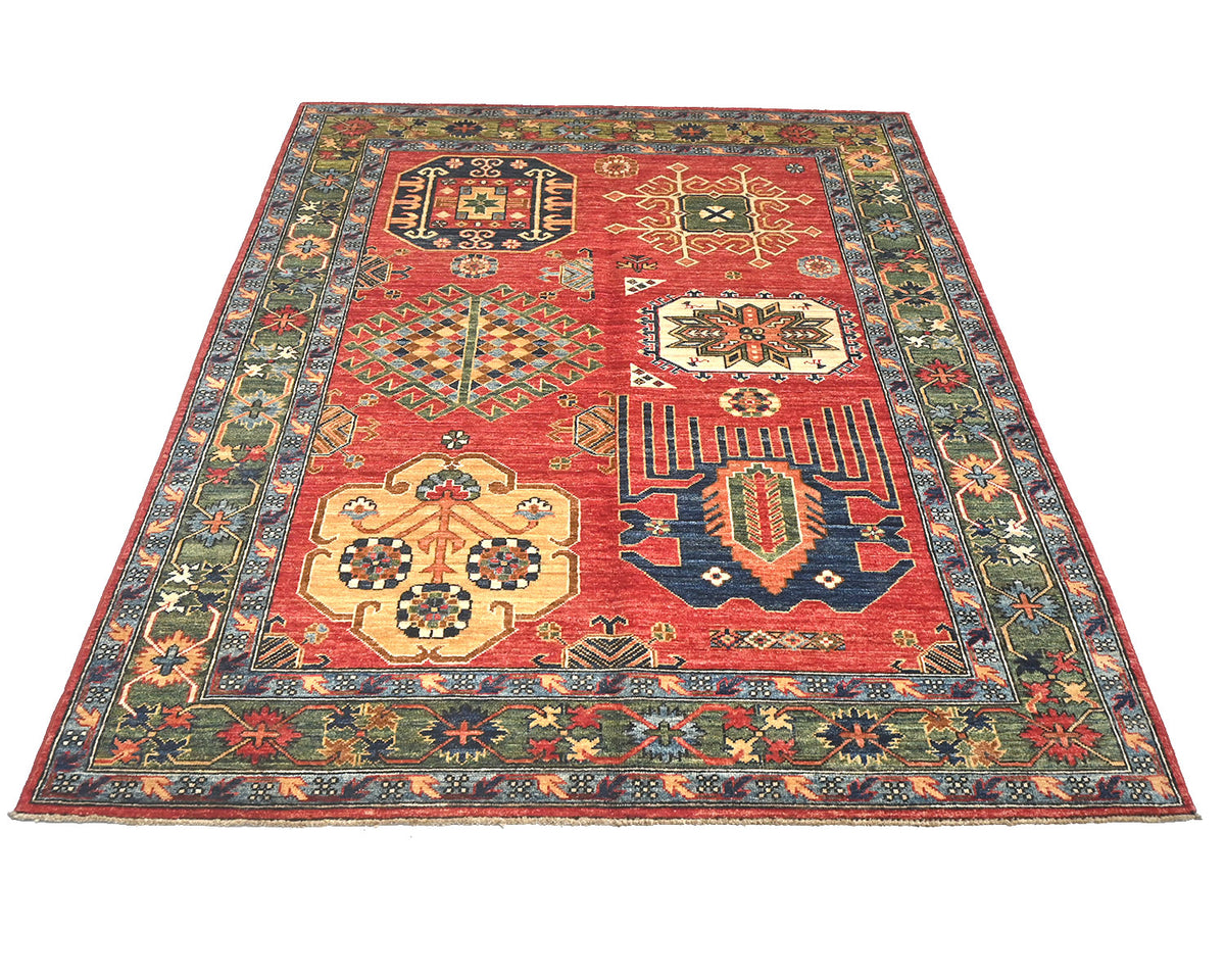 Alfombra afgana Ersari de lana teñida con vegetales, anudada a mano, de 5 x 7 pulgadas, color rojo y verde