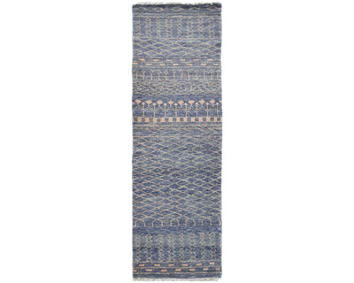 8 Feet Moroccan Blue Hand Woven Wool Runner Rug
