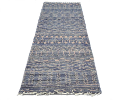 8 Feet Moroccan Blue Hand Woven Wool Runner Rug