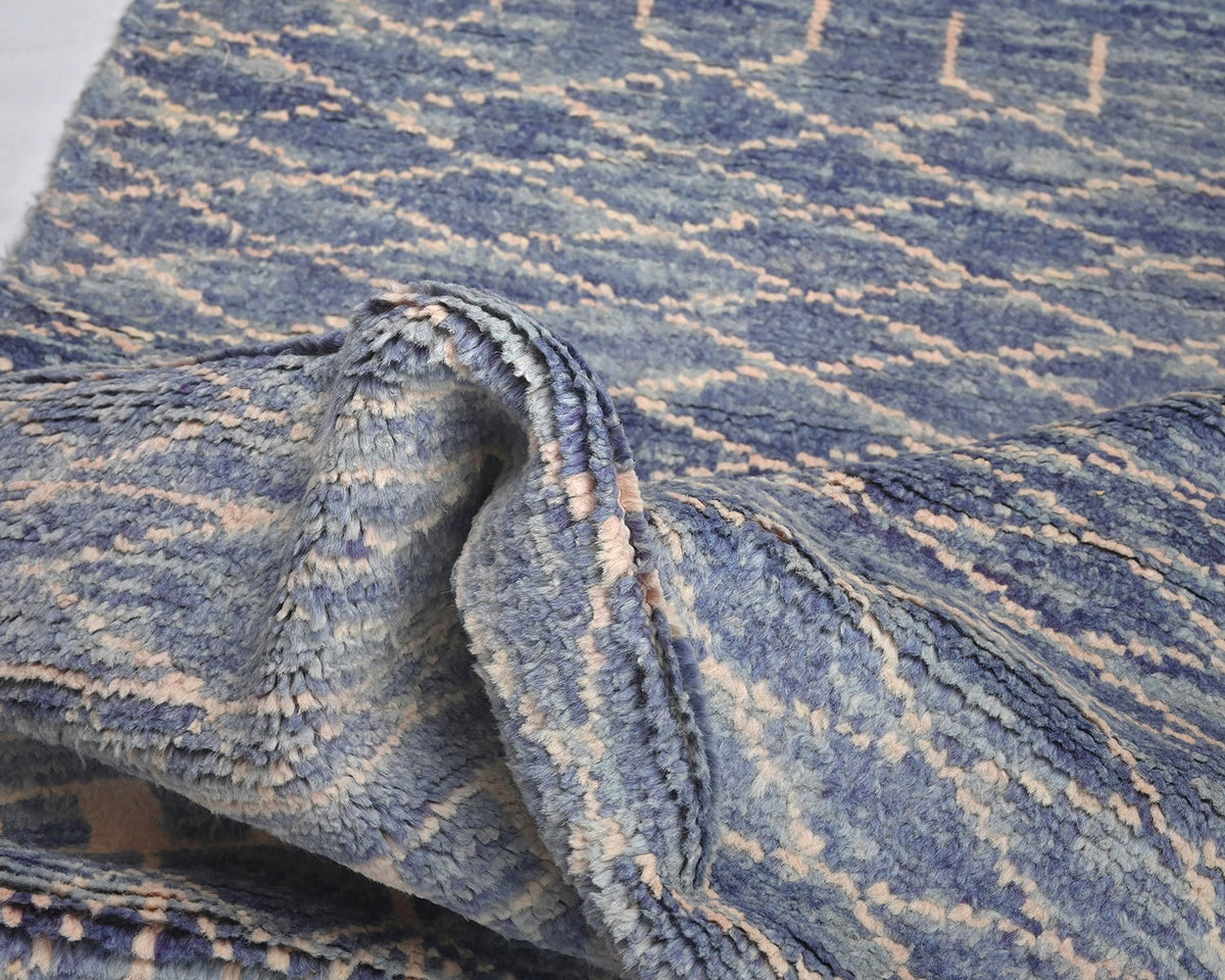 8 Feet Moroccan Blue Hand Woven Wool Runner Rug