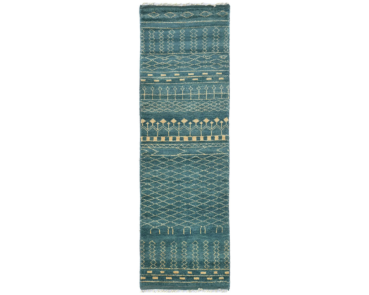 8 Feet Moroccan Green Blue Hand Woven Wool Runner Rug