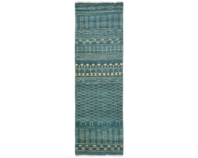 8 Feet Moroccan Green Blue Hand Woven Wool Runner Rug