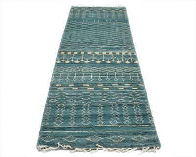 8 Feet Moroccan Green Blue Hand Woven Wool Runner Rug