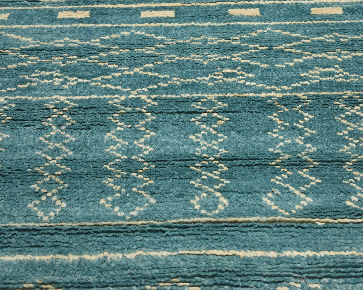 8 Feet Moroccan Green Blue Hand Woven Wool Runner Rug