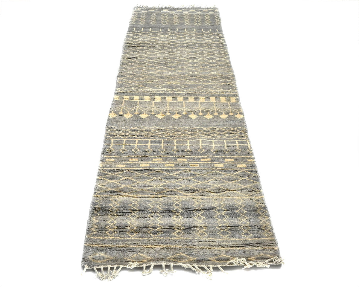 9 Feet Moroccan Gray Hand Woven Wool Runner Rug