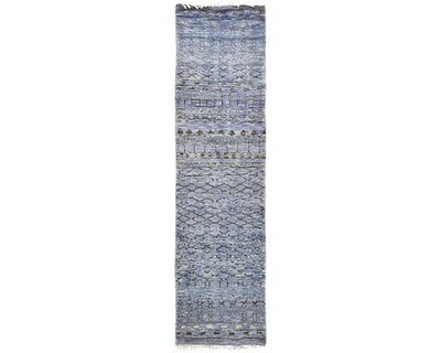 8 Feet Moroccan Blue Gray Hand Woven Wool Runner Rug