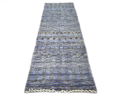 8 Feet Moroccan Blue Gray Hand Woven Wool Runner Rug