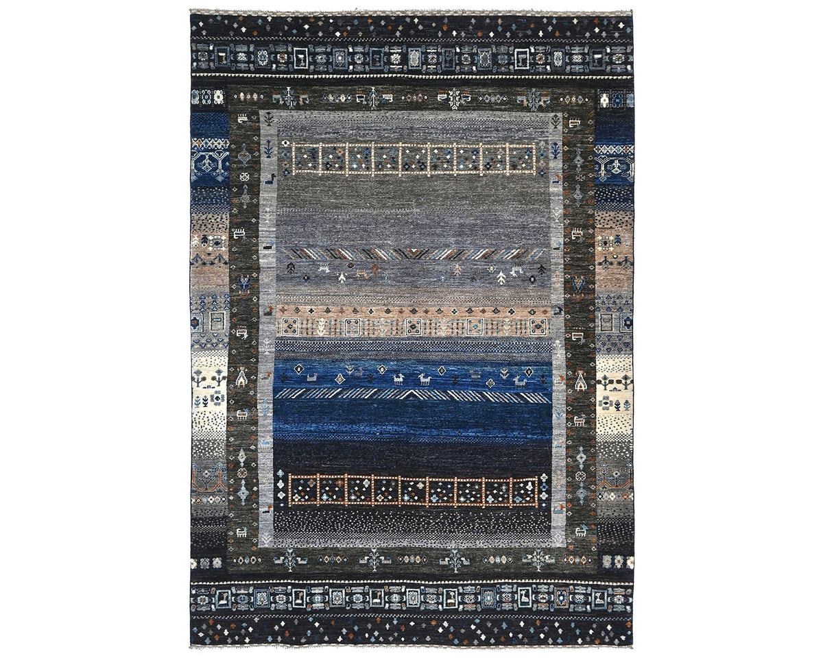 Alfombra afgana de lana anudada a mano Khurgeen, gris y azul, de 6 x 9 pulgadas