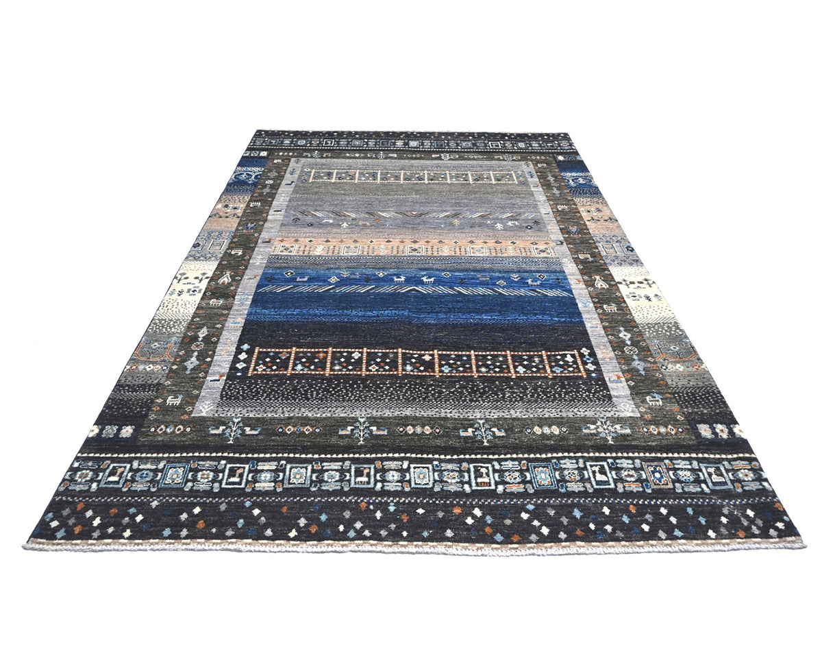 Alfombra afgana de lana anudada a mano Khurgeen, gris y azul, de 6 x 9 pulgadas