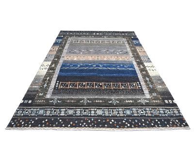 Alfombra afgana de lana anudada a mano Khurgeen, gris y azul, de 6 x 9 pulgadas
