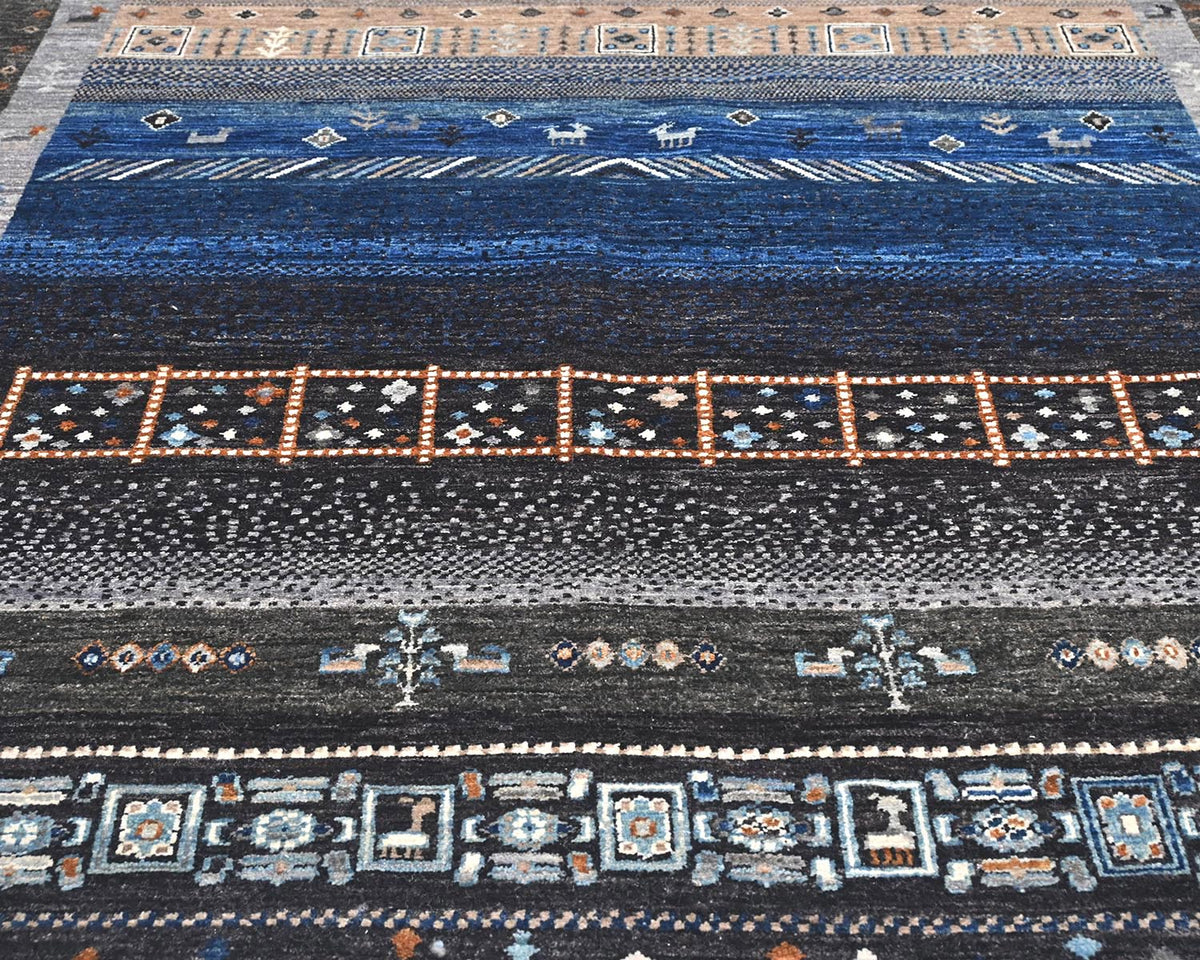 Alfombra afgana de lana anudada a mano Khurgeen, gris y azul, de 6 x 9 pulgadas