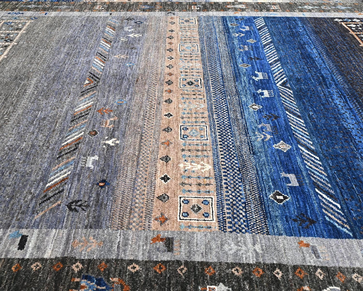 Alfombra afgana de lana anudada a mano Khurgeen, gris y azul, de 6 x 9 pulgadas