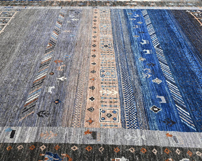 Alfombra afgana de lana anudada a mano Khurgeen, gris y azul, de 6 x 9 pulgadas