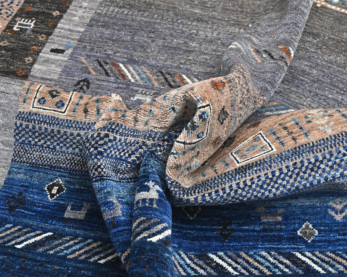 Alfombra afgana de lana anudada a mano Khurgeen, gris y azul, de 6 x 9 pulgadas