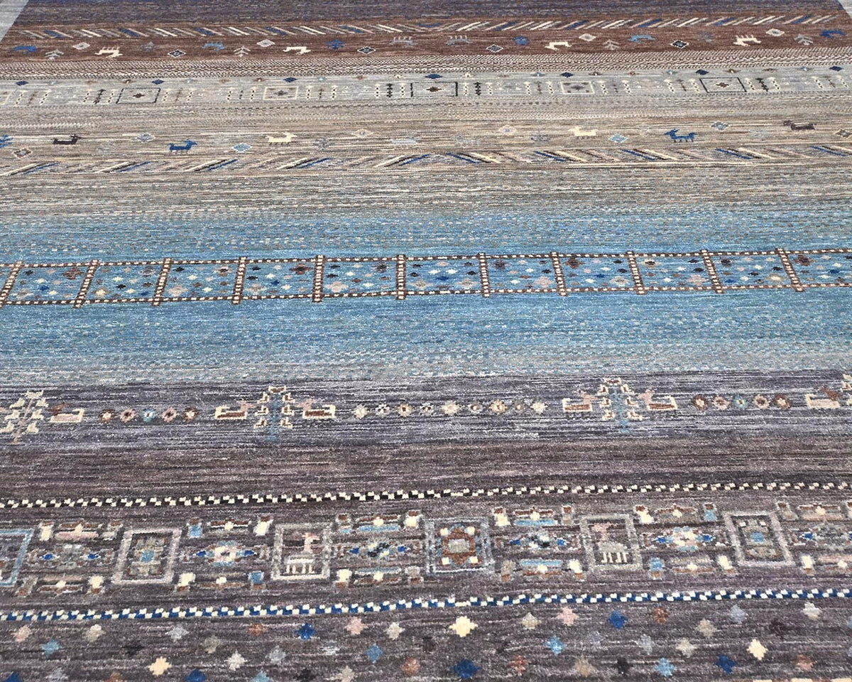 8x10 Brown Blue Khurgeen Afghan Hand Knotted Wool Area Rug