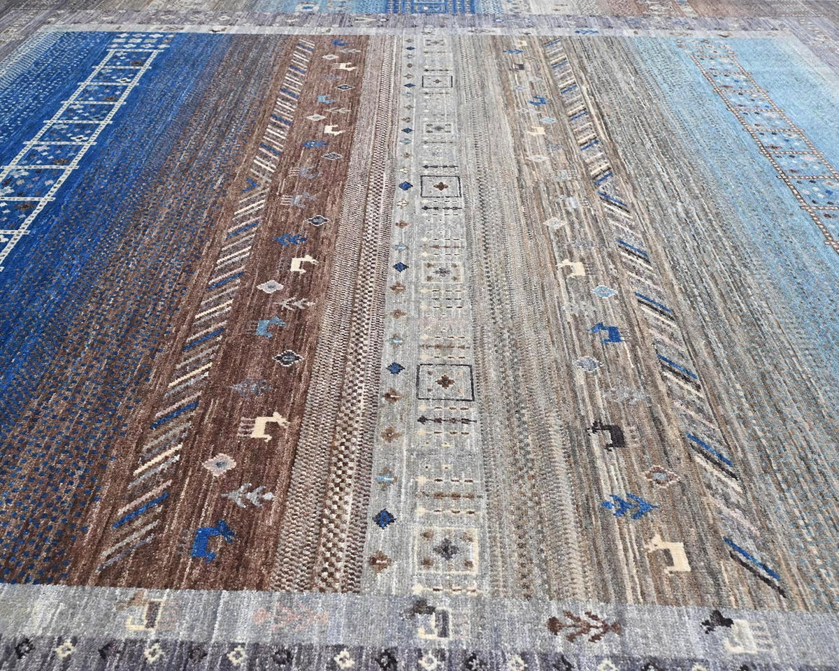 8x10 Brown Blue Khurgeen Afghan Hand Knotted Wool Area Rug