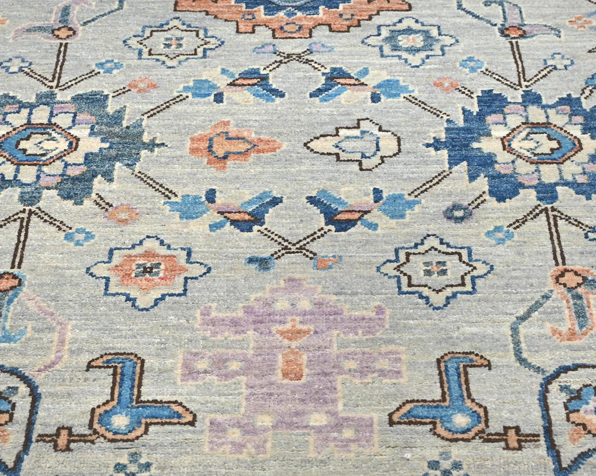 Alfombra afgana Aryana de lana teñida con vegetales, anudada a mano, color gris plateado, de 3,6 m