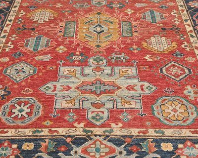 Alfombra afgana Ersari de lana teñida vegetal anudada a mano de 5x7, color rojo y azul