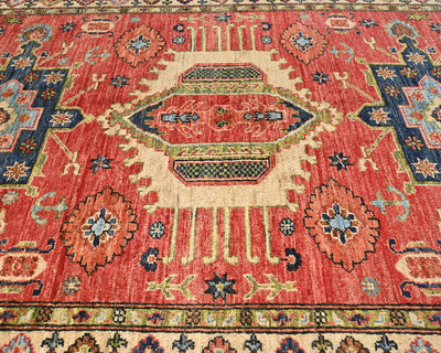 Alfombra de lana teñida vegetal anudada a mano Ersari roja de 4x6