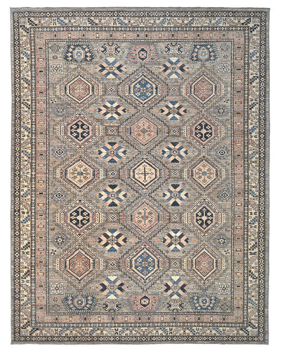 Alfombra de lana geométrica anudada a mano, color marrón y gris, de Kazak Afghan, de 8 x 11 pies