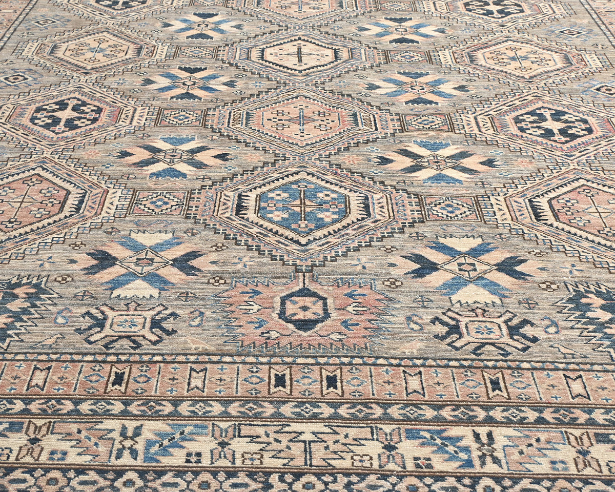 Alfombra de lana geométrica anudada a mano, color marrón y gris, de Kazak Afghan, de 8 x 11 pies