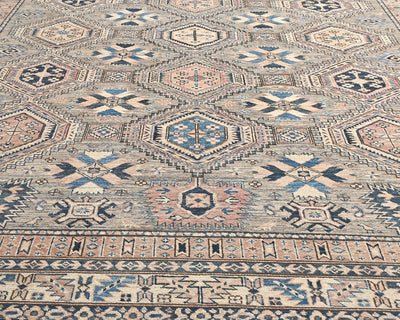 Alfombra de lana geométrica anudada a mano, color marrón y gris, de Kazak Afghan, de 8 x 11 pies