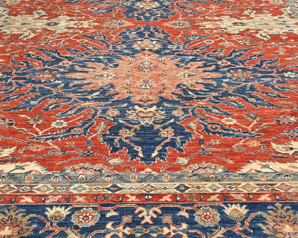 9x12 Rust Blue Aryana Afghan Hand Knotted Veg Dye Wool Area Rug