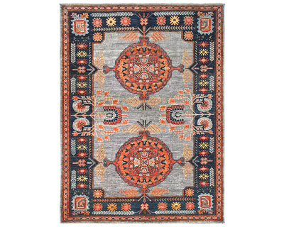 Alfombra afgana Ersari de lana teñida vegetal anudada a mano, color gris óxido, 5x7