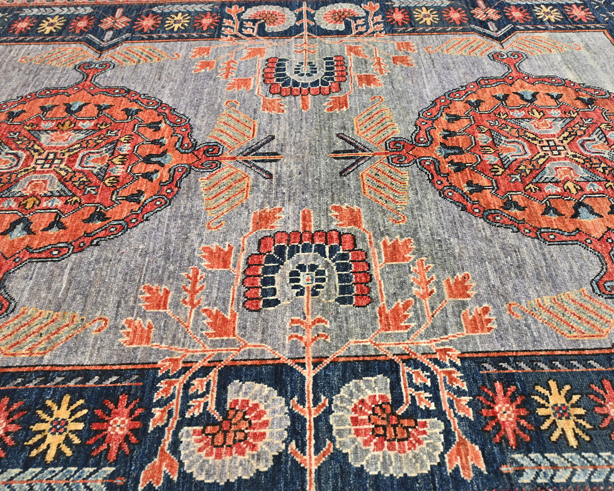 Alfombra afgana Ersari de lana teñida vegetal anudada a mano, color gris óxido, 5x7