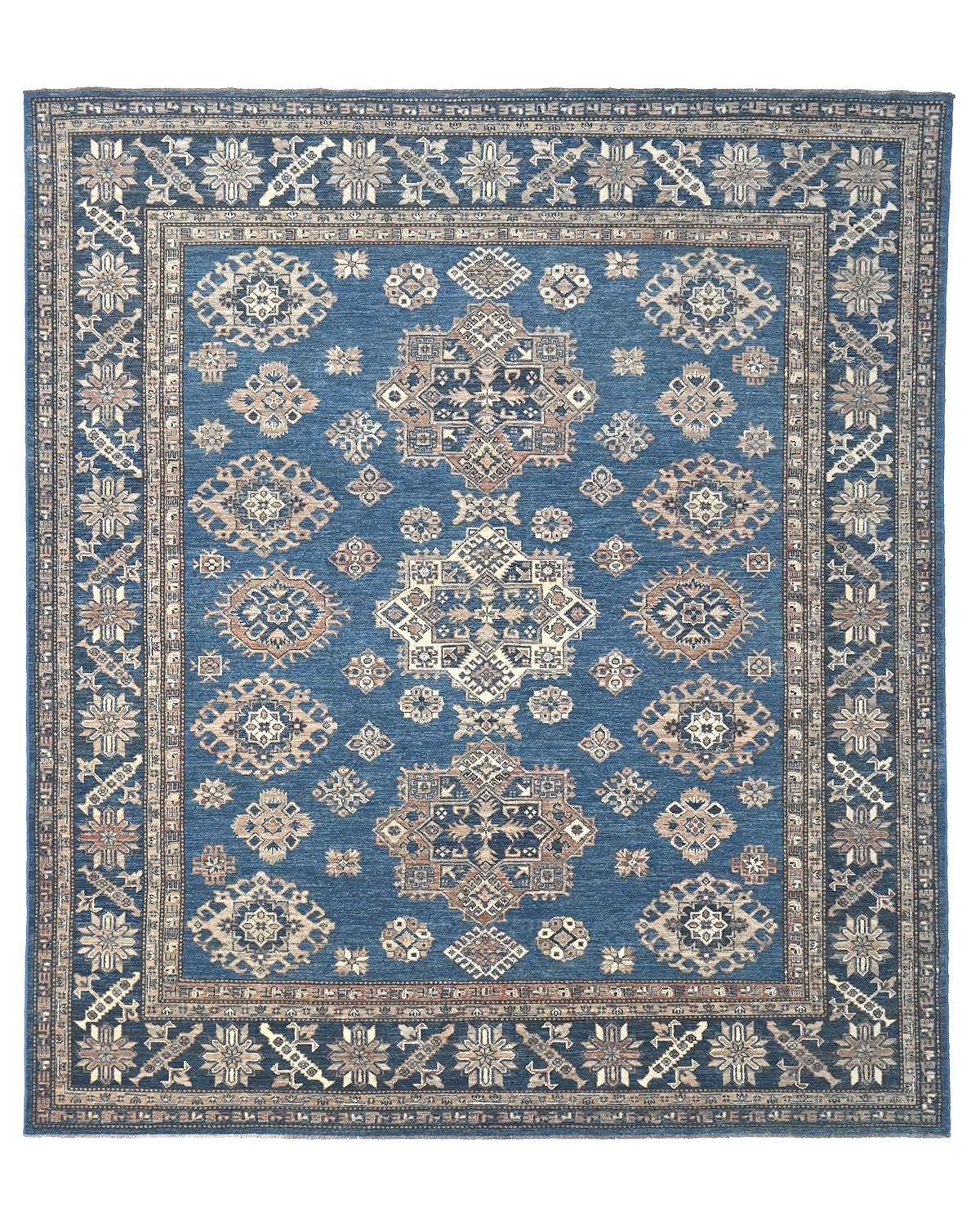 8x10 Blue Kazak Afghan Hand Knotted Geometric Wool Area Rug