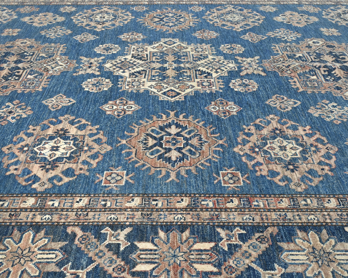 8x10 Blue Kazak Afghan Hand Knotted Geometric Wool Area Rug