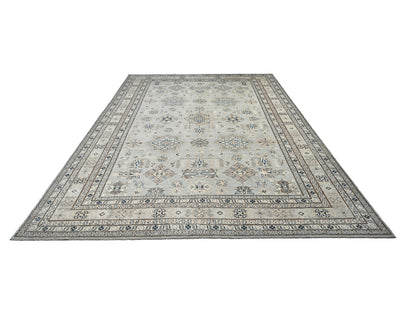 9x12 Gray Kazak Afghan Hand Knotted Geometric Wool Area Rug