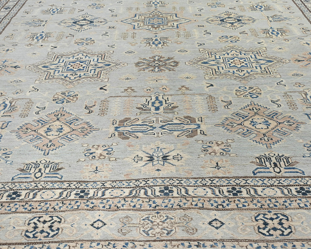 9x12 Gray Kazak Afghan Hand Knotted Geometric Wool Area Rug