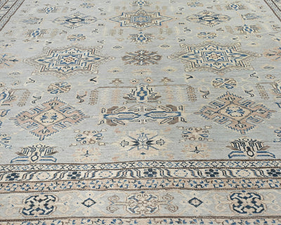 9x12 Gray Kazak Afghan Hand Knotted Geometric Wool Area Rug