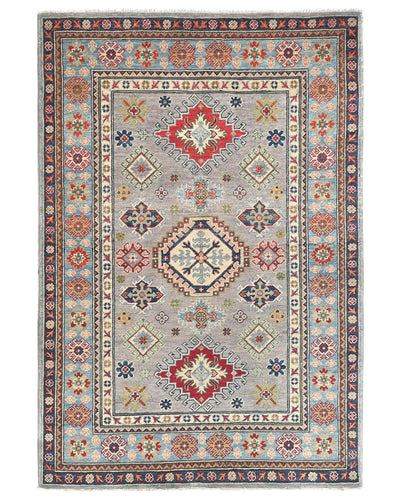 4x6 Gray Kuba Afghan Hand Knotted Wool Area Rug