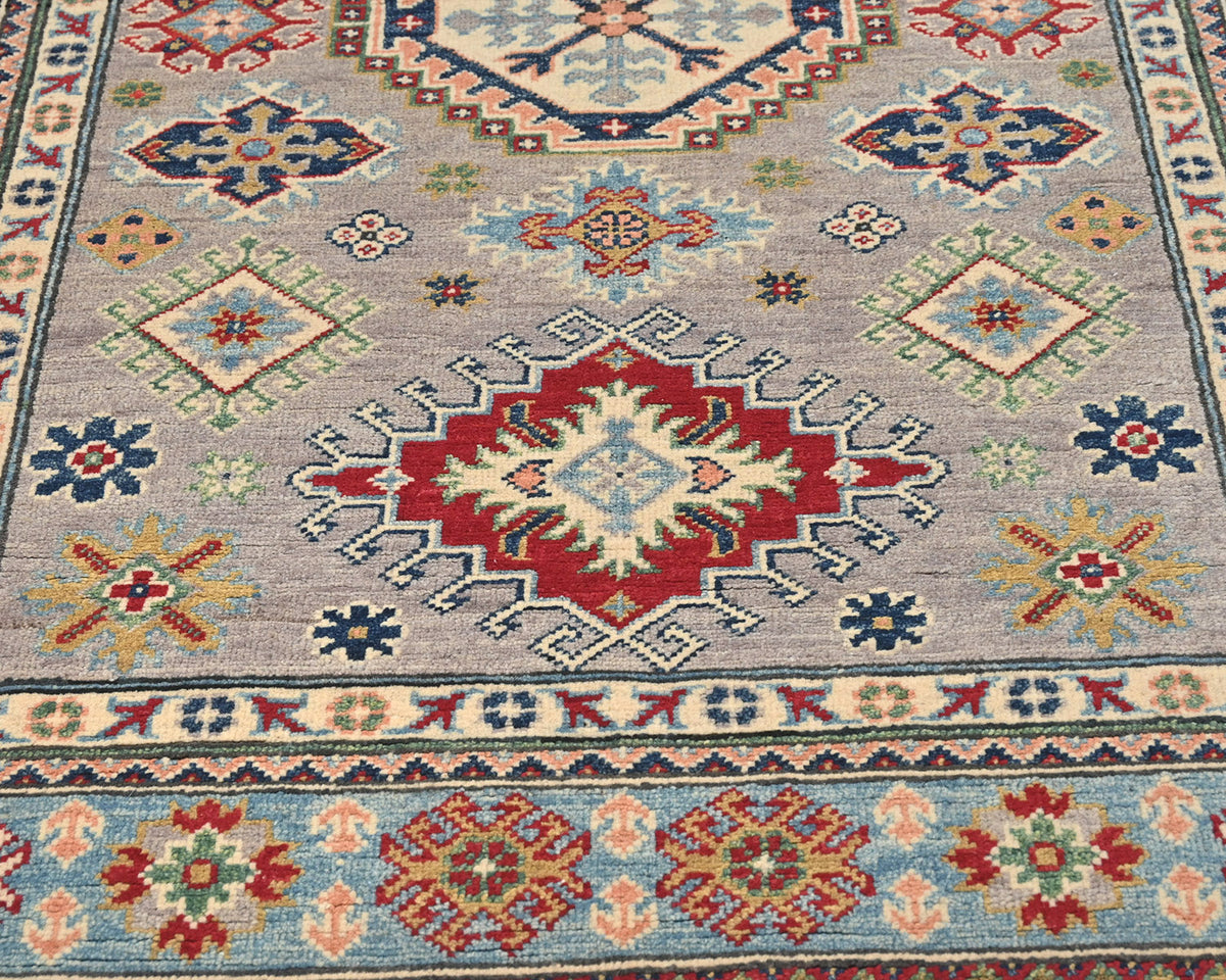 4x6 Gray Kuba Afghan Hand Knotted Wool Area Rug