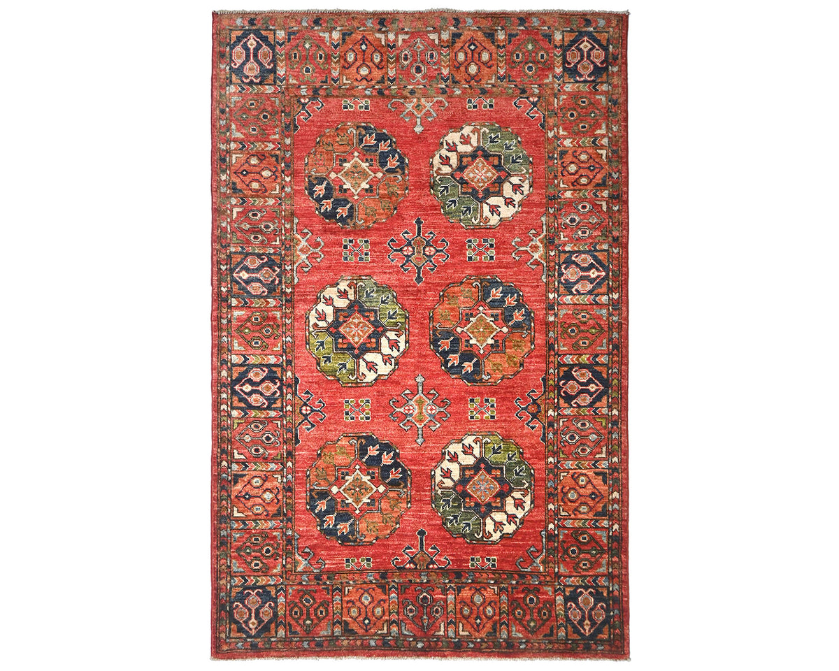 Alfombra de lana teñida vegetal anudada a mano Ersari roja de 4x6