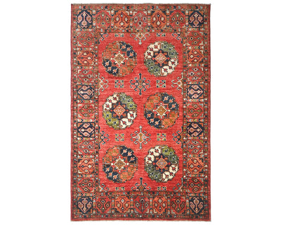 Alfombra de lana teñida vegetal anudada a mano Ersari roja de 4x6