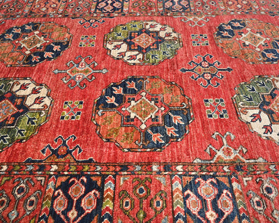 Alfombra de lana teñida vegetal anudada a mano Ersari roja de 4x6