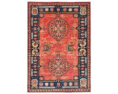 Alfombra afgana Ersari de lana teñida vegetal anudada a mano de 5x7, color rojo y azul
