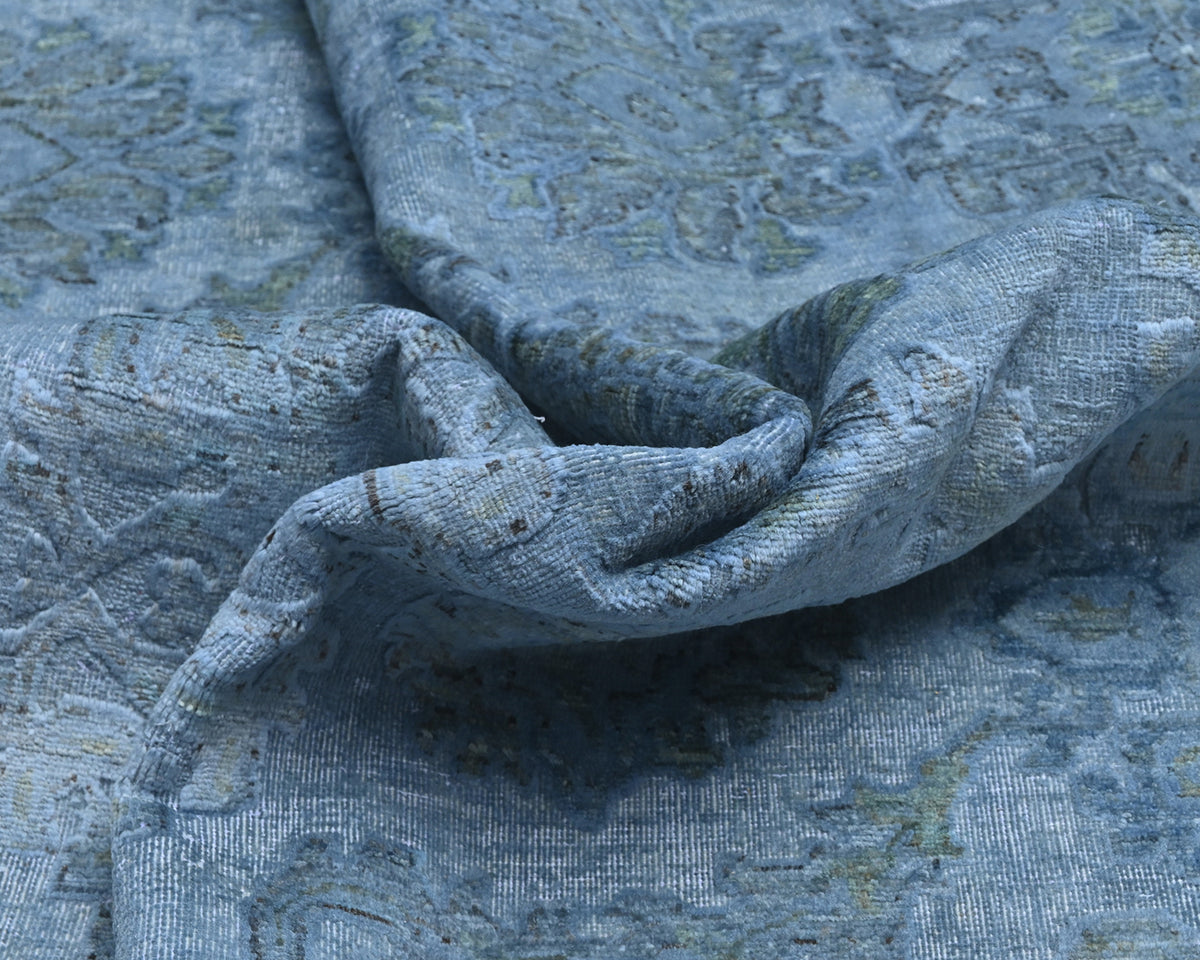 9x12 Ft Blue Over Dye Chobi Afghan Hand Knotted Floral High Low Wool Area Rug