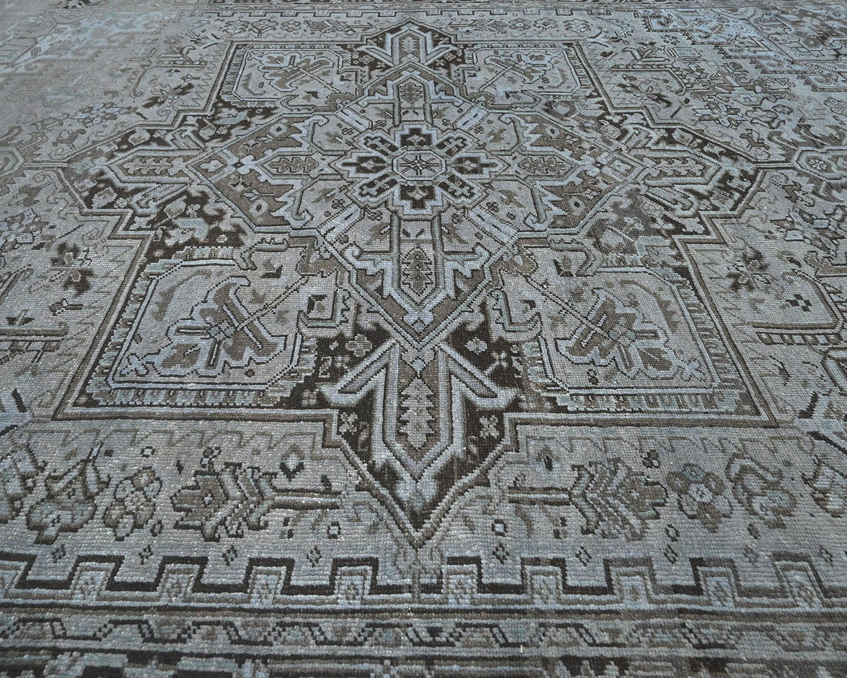 Alfombra de lana anudada a mano estilo persa vintage Heriz marrón de 9 x 12 pulgadas