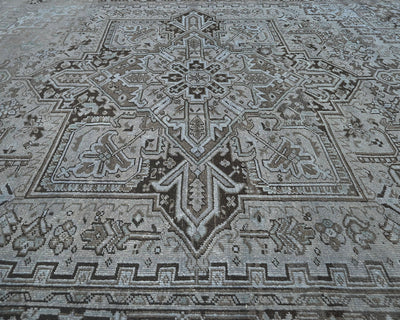 Alfombra de lana anudada a mano estilo persa vintage Heriz marrón de 9 x 12 pulgadas