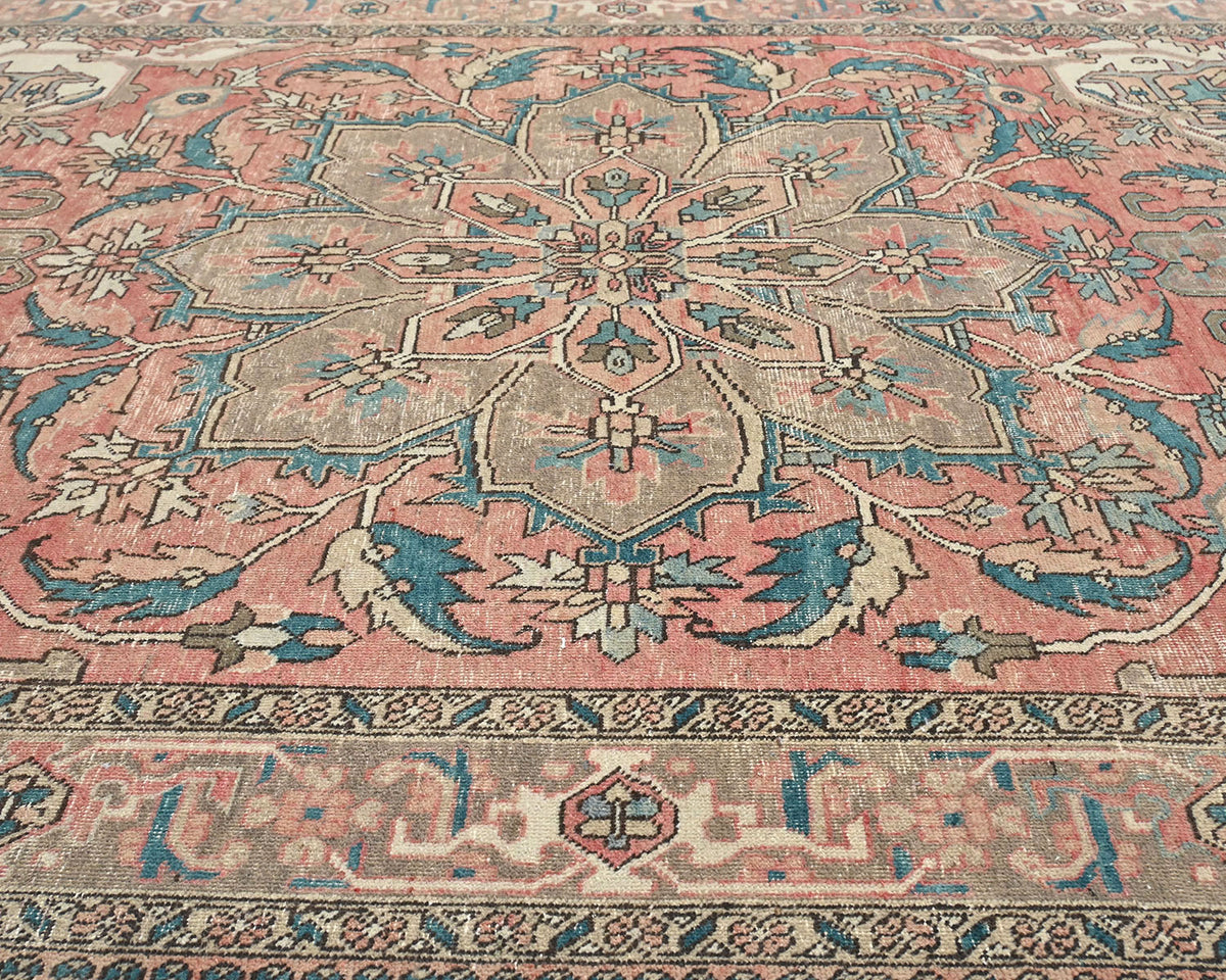 Alfombra de lana anudada a mano estilo persa terracota Heriz vintage de 7x10